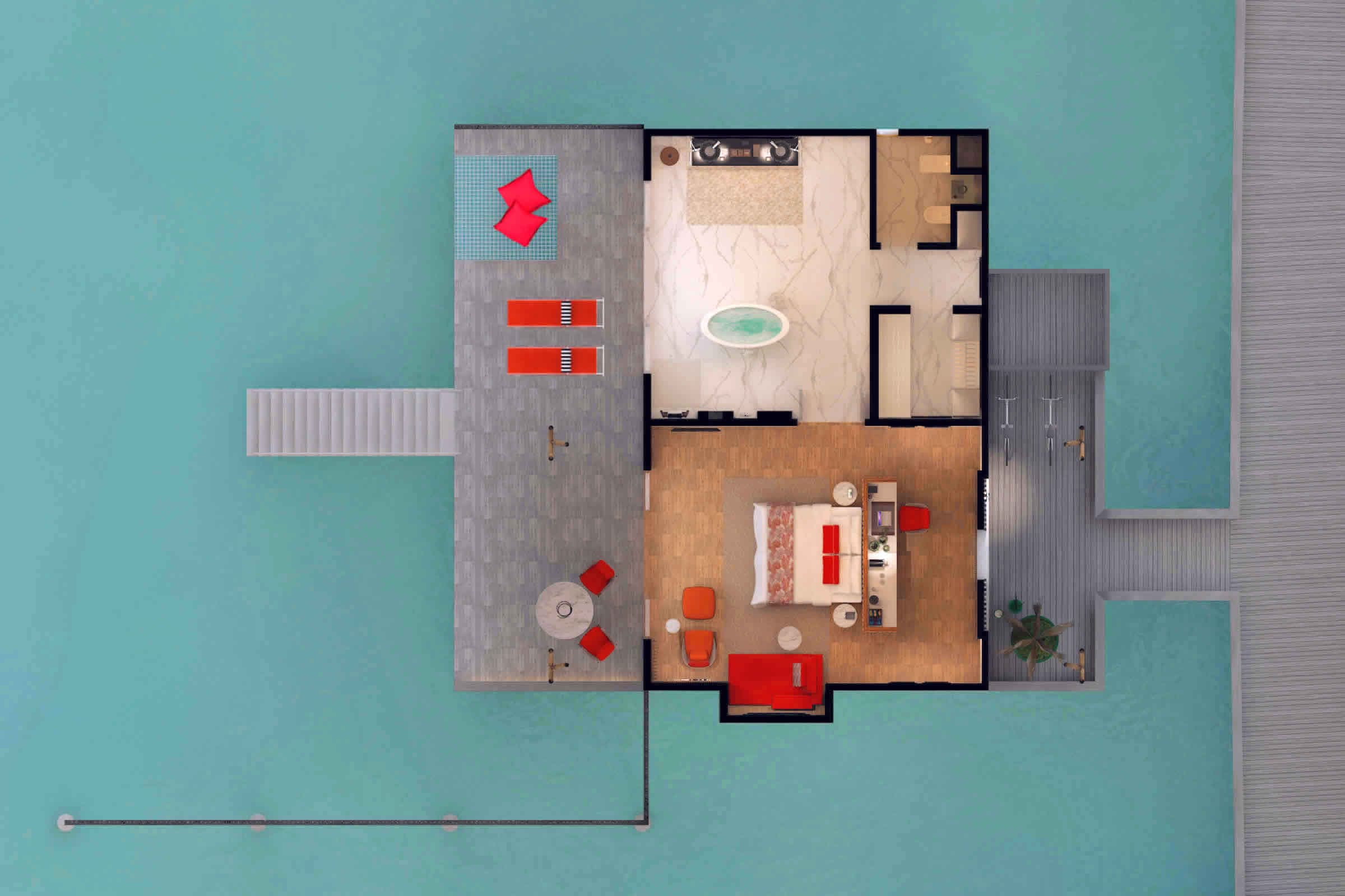 Ari Atoll'de lagun uzerinde water villa manzarasi